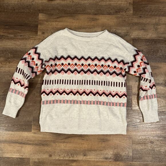 Loft Cozy Sweater Fair Isle Cottage Cotton Wool Blend Oatmeal Pink Burgundy READ - Picture 1 of 9